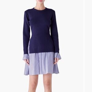 English Factory Navy and White Long Sleeve Dress